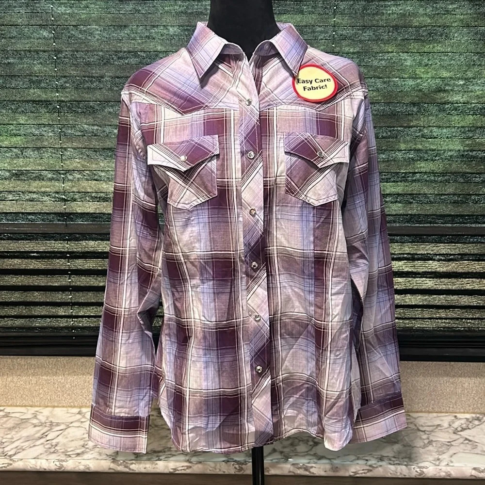 Cumberland Outfitters Women’s Purple Plaid LS Western Snap Front Shirt Large NWT